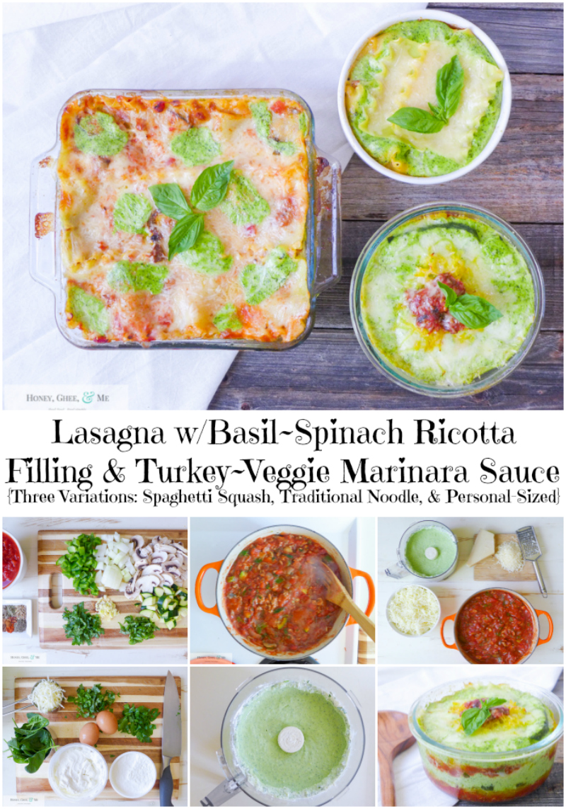 Lasagna w/Basil~Spinach Ricotta Filling & Turkey~Veggie Tomato Sauce {Three Variations: Spaghetti Squash, Traditional Noodle, & Personal-Sized}